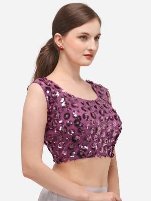 Women's Embroidered & Sequence Work Net Purple Blouse With Round Neck 3