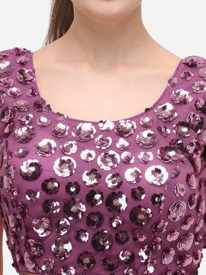 Women's Embroidered & Sequence Work Net Purple Blouse With Round Neck 4
