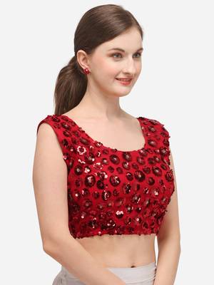 Women's Embroidered & Sequence Work Net Red Blouse With Round Neck 1