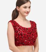 Women's Embroidered & Sequence Work Net Red Blouse With Round Neck