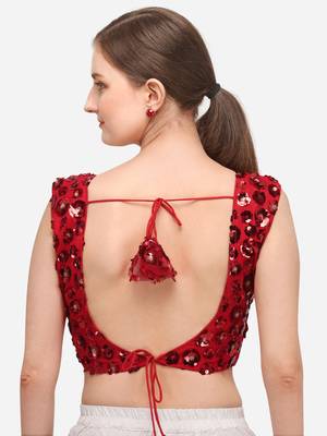 Women's Embroidered & Sequence Work Net Red Blouse With Round Neck 2