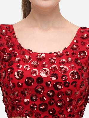 Women's Embroidered & Sequence Work Net Red Blouse With Round Neck 4