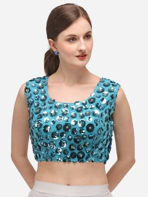 Women's Embroidered & Sequence Work Net Sky Blue Blouse With Round Neck 1