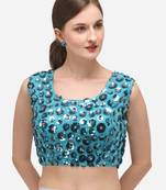 Women's Embroidered & Sequence Work Net Sky Blue Blouse With Round Neck