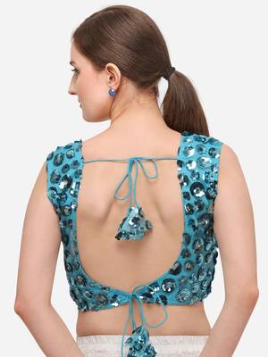 Women's Embroidered & Sequence Work Net Sky Blue Blouse With Round Neck 2