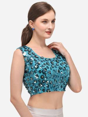 Women's Embroidered & Sequence Work Net Sky Blue Blouse With Round Neck 3