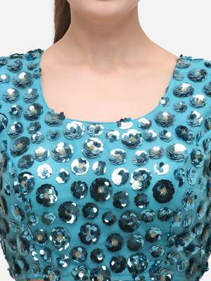 Women's Embroidered & Sequence Work Net Sky Blue Blouse With Round Neck 4