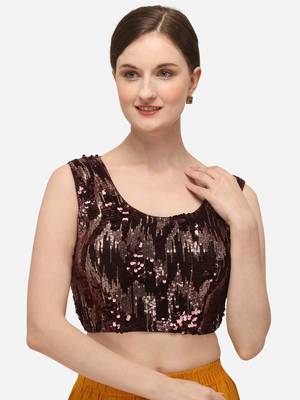 Women's Embroidered & Sequence Work Brown Velvet Blouse With Round Neck 1