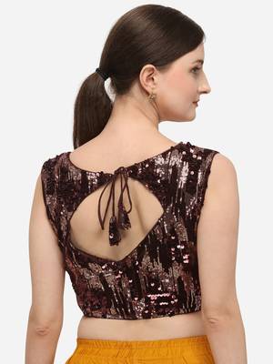 Women's Embroidered & Sequence Work Brown Velvet Blouse With Round Neck 2