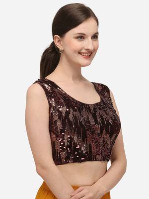 Women's Embroidered & Sequence Work Brown Velvet Blouse With Round Neck 3