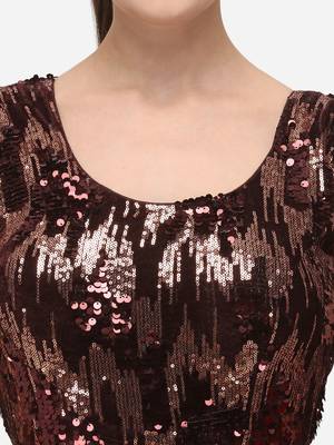 Women's Embroidered & Sequence Work Brown Velvet Blouse With Round Neck 4