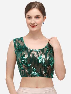 Women's Embroidered & Sequence Work Green Velvet Blouse With Round Neck 1