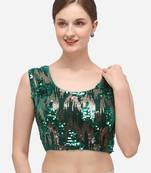 Women's Embroidered & Sequence Work Green Velvet Blouse With Round Neck