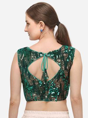 Women's Embroidered & Sequence Work Green Velvet Blouse With Round Neck 2