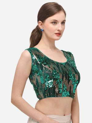Women's Embroidered & Sequence Work Green Velvet Blouse With Round Neck 3