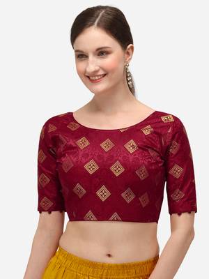 Women's Jacquard Maroon Blouse With Round Neck 1