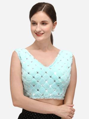 Women's Sequence Work Blue Velvet Blouse With V Neck 1