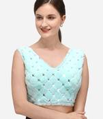 Women's Sequence Work Blue Velvet Blouse With V Neck