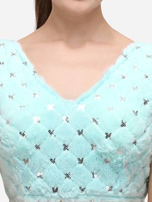 Women's Sequence Work Blue Velvet Blouse With V Neck 4