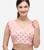 Women's Sequence Work Peach Velvet Blouse With V Neck