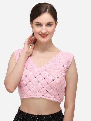 Women's Sequence Work Pink Velvet Blouse With V Neck 1