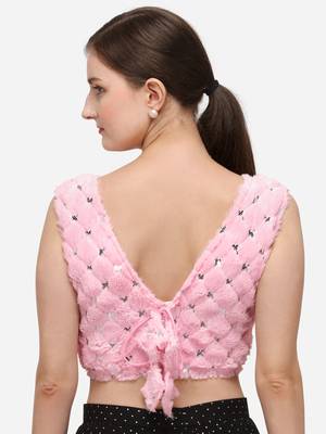 Women's Sequence Work Pink Velvet Blouse With V Neck 2