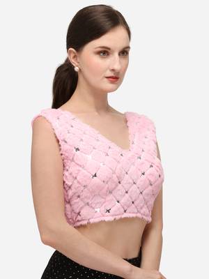 Women's Sequence Work Pink Velvet Blouse With V Neck 3