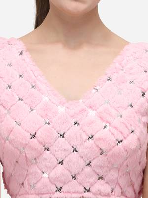 Women's Sequence Work Pink Velvet Blouse With V Neck 4