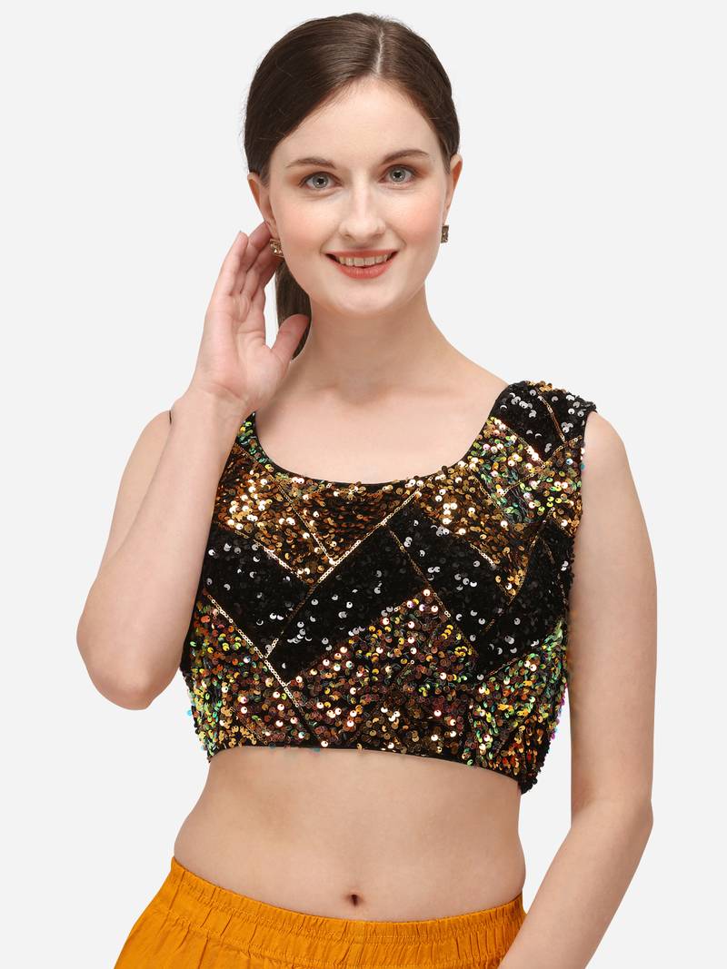 Women's Embroidered & Sequence Work Black Velvet Blouse With Round Neck