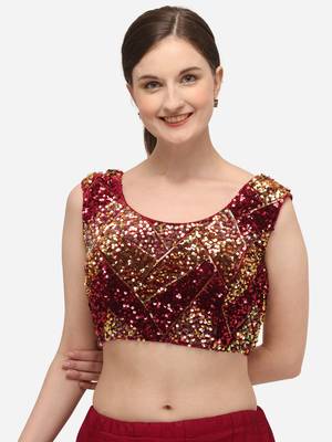 Women's Embroidered & Sequence Work Red Velvet Blouse With Round Neck 1
