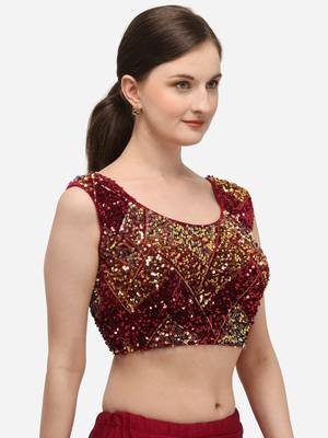 Women's Embroidered & Sequence Work Red Velvet Blouse With Round Neck 3