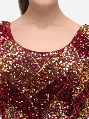 Women's Embroidered & Sequence Work Red Velvet Blouse With Round Neck 4