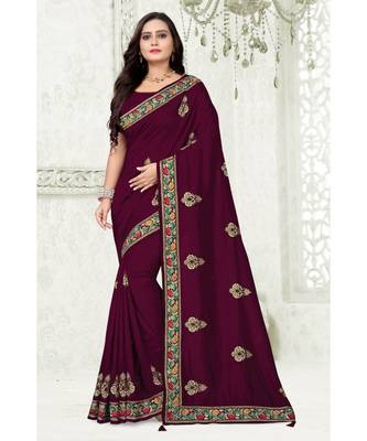 Purple Vichitra Silk Fancy Stone work Saree with Blouse 1