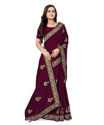 Purple Vichitra Silk Fancy Stone work Saree with Blouse 3