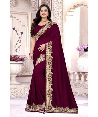 Purple  Vichitra Silk Fancy Stone work Saree with Blouse 1