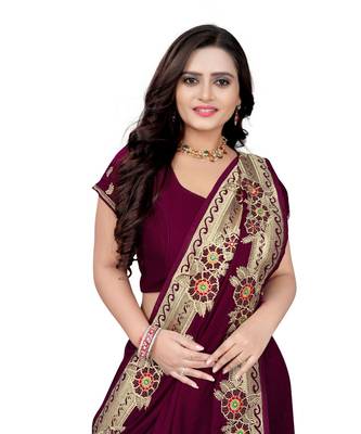Purple  Vichitra Silk Fancy Stone work Saree with Blouse 4