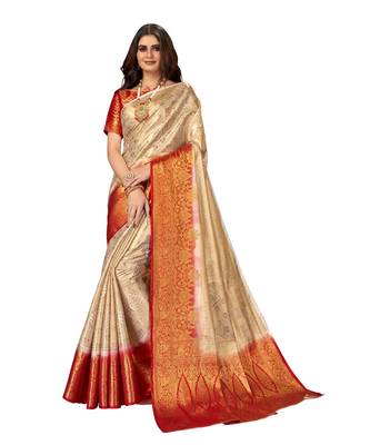 Beige Banarasi Jacquard Dola softy Silk Woven Saree with Blouse 1