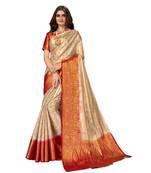 Beige Banarasi Jacquard Dola softy Silk Woven Saree with Blouse