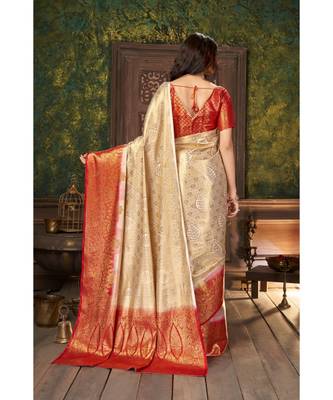 Beige Banarasi Jacquard Dola softy Silk Woven Saree with Blouse 2