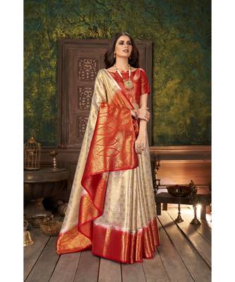 Beige Banarasi Jacquard Dola softy Silk Woven Saree with Blouse 3