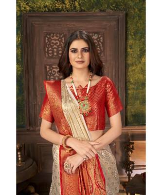 Beige Banarasi Jacquard Dola softy Silk Woven Saree with Blouse 4