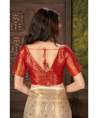Beige Banarasi Jacquard Dola softy Silk Woven Saree with Blouse 5