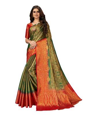 Green Banarasi Jacquard Dola softy Silk Woven Saree with Blouse 1