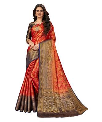 Red Banarasi Jacquard Dola softy Silk Woven Saree with Blouse 1