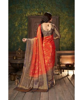 Red Banarasi Jacquard Dola softy Silk Woven Saree with Blouse 2