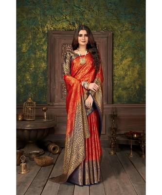 Red Banarasi Jacquard Dola softy Silk Woven Saree with Blouse 3