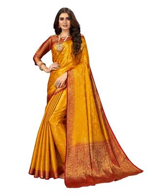 Yellow Banarasi Jacquard Dola softy Silk Woven Saree with Blouse 1