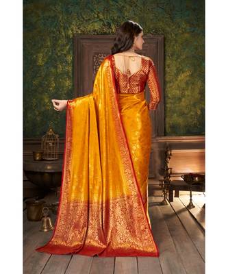 Yellow Banarasi Jacquard Dola softy Silk Woven Saree with Blouse 2