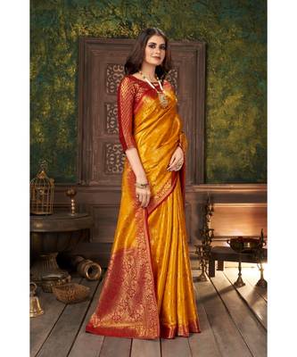 Yellow Banarasi Jacquard Dola softy Silk Woven Saree with Blouse 3