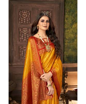 Yellow Banarasi Jacquard Dola softy Silk Woven Saree with Blouse 4